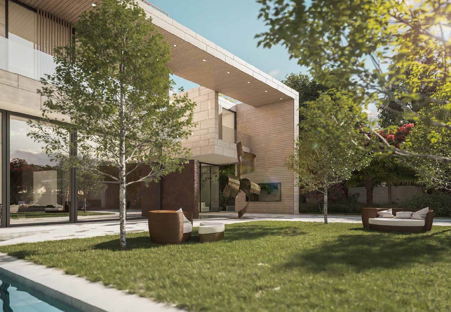 Lunaria Al Barari Dubai - Elegant Villa  with floor-to-ceiling windows overlooking landscaped gardens and a private pool